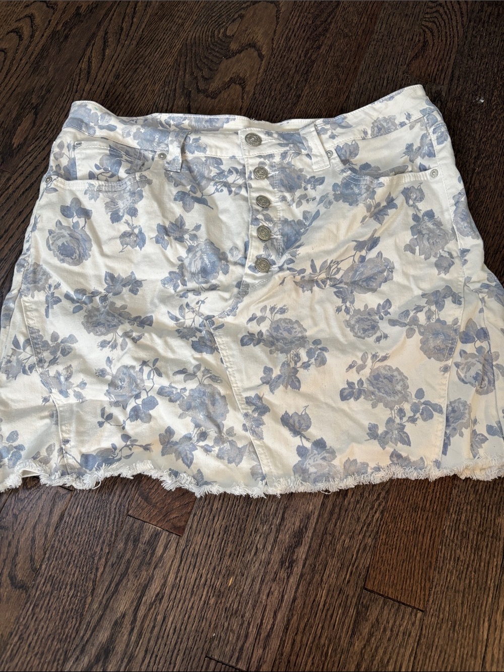 Seven7 White Denim Mini Skirt with Light Blue Floral Print